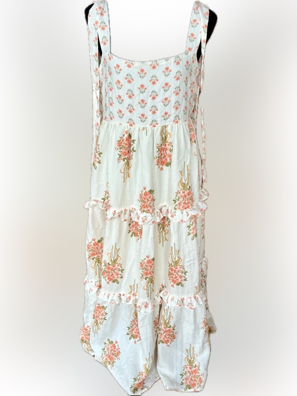 August Sky NWOT Apricot Multi Floral Tiered Tie Strap Maxi Dress Large Smock Bac